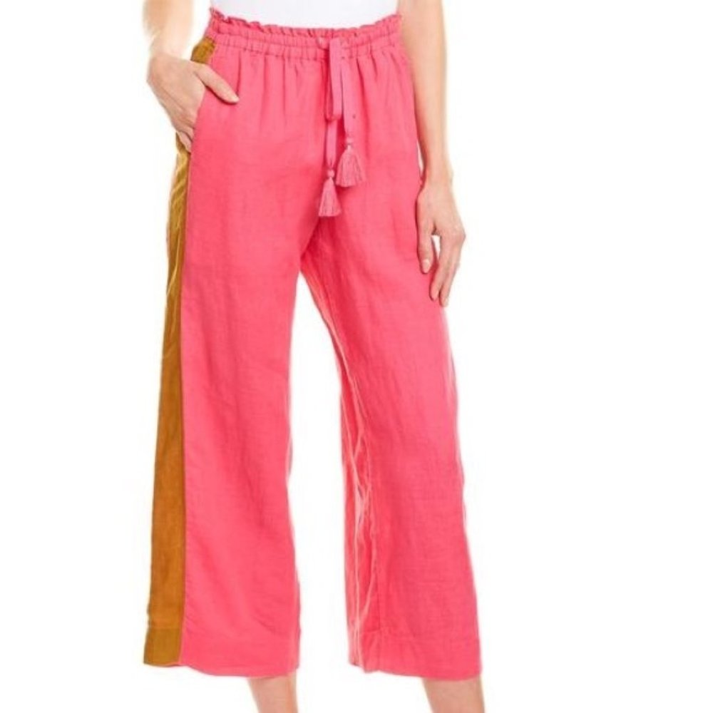 J. Crew Linen Hot Pink Wide Leg Pull On Drawstring Crop Pants Size Large AM988